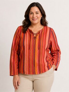 Liz Claiborne Striped Lace Up Blouse Women’s Size 14 Orange Red